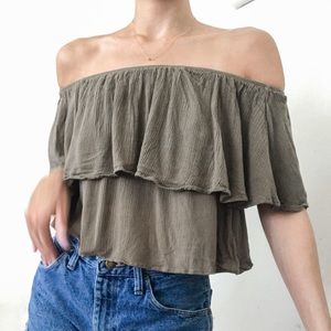 Forever 21 army green off shoulder ruffle crop top